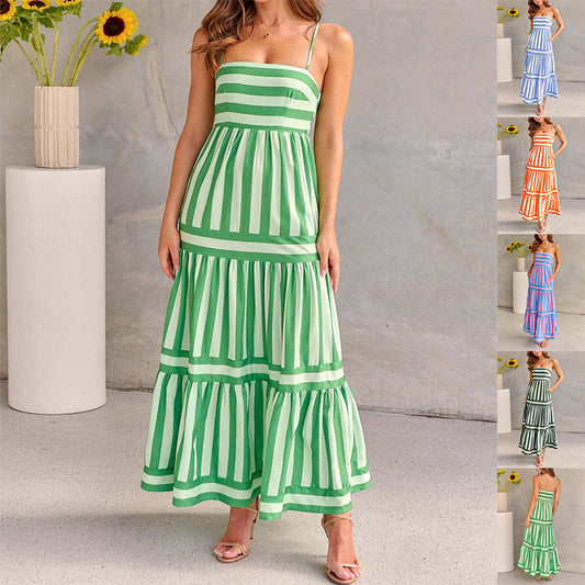 Women's Striped Backless Long Dress